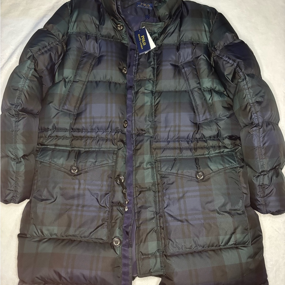 Polo Ralph Lauren Green Navy Plaid Puffer Long Coat Parka No Hood Pwing stadium